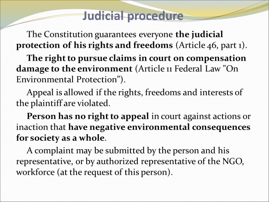 Judicial procedure The Constitution guarantees everyone the judicial protection of his rights and freedoms